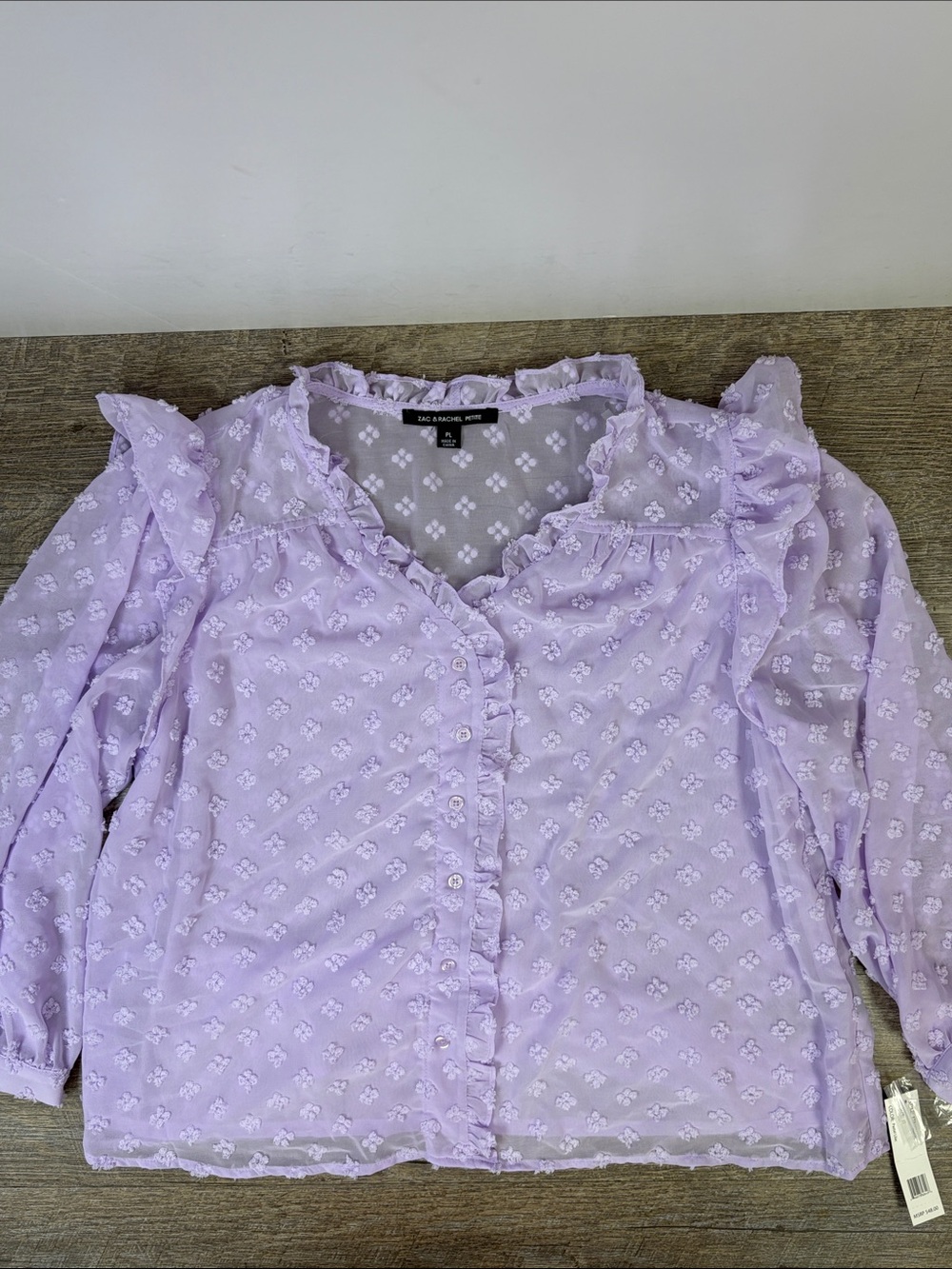 Zac & Rachel Lilac Swiss Dot Faux Button Front Blouse NWT Size Petite Large